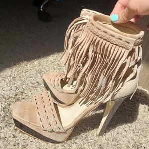 BEBE fringe Tan suede heels